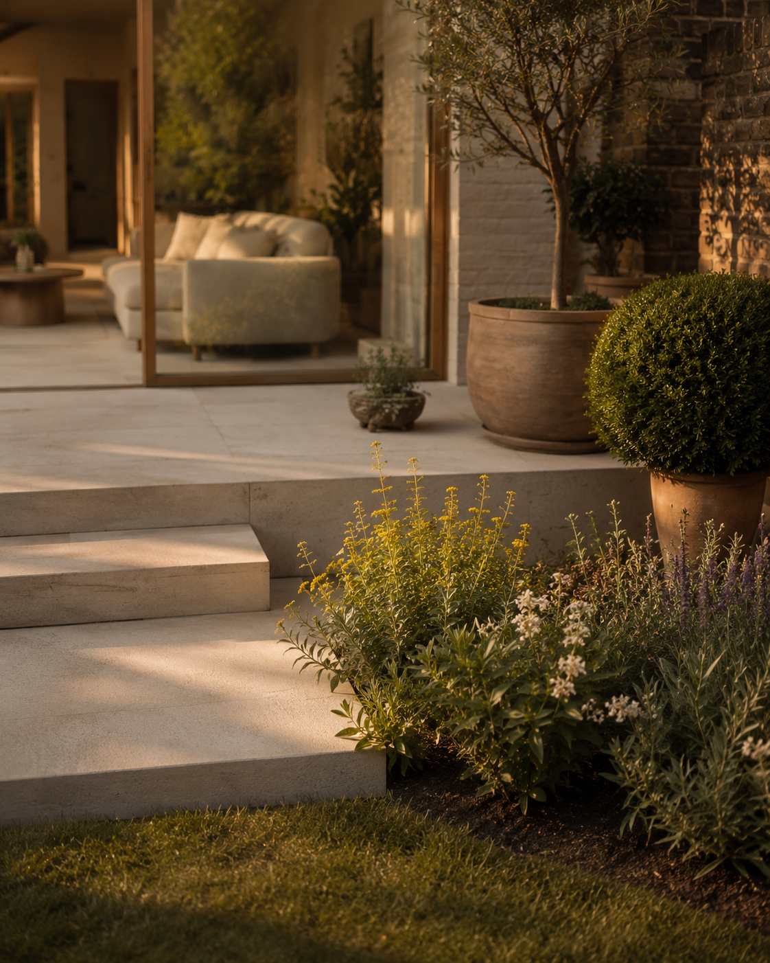 Outdoor patio with potted plants and a glass door leading to an indoor living room with a cream sofa, surrounded by greenery.