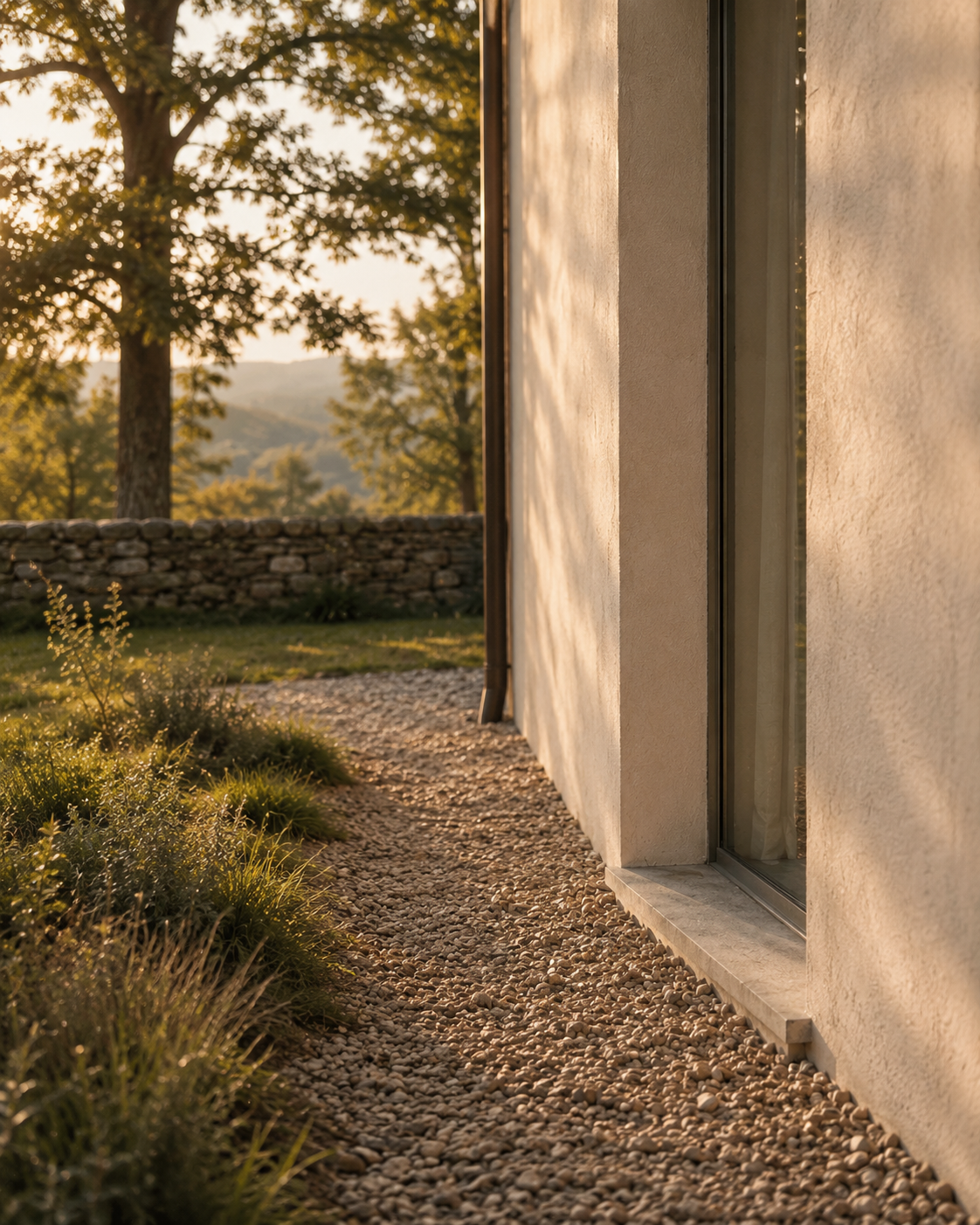 Side view of a modern house with a large glass window, beige exterior wall, and gravel pathway in a natural setting during sunset with trees and a stone wall in the background.
