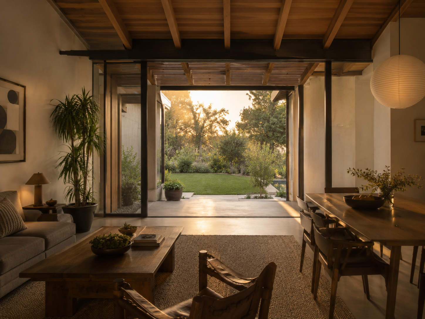 Living room with large open sliding doors leading to a garden at sunset, featuring a sofa, coffee table, dining table with chairs, potted plants, and modern decor.