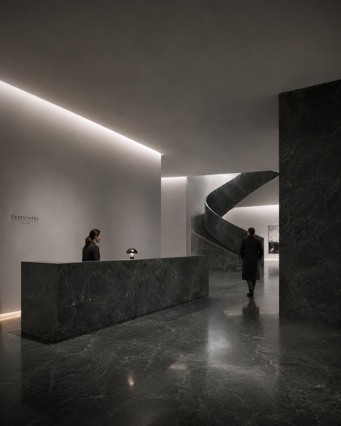 Modern building lobby with dark marble floors and walls, a curved staircase, and minimalistic reception desk with a staff member and a visitor.