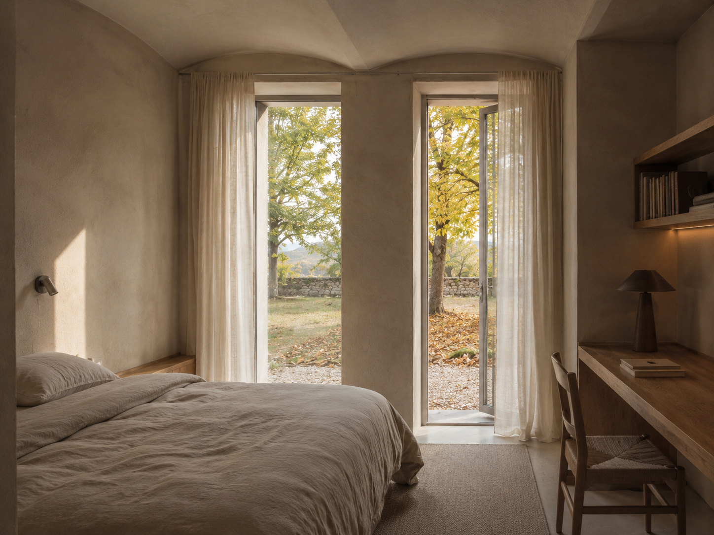 A cozy bedroom with a large bed, open door leading to an outdoor scene with trees and fallen leaves, neutral-toned walls, bookshelf, desk with lamp, and soft curtains.