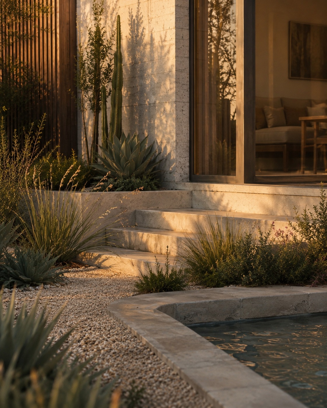 Exterior view of a modern house with large glass sliding doors, stone steps leading to the entrance, and desert plants in the garden during sunset.