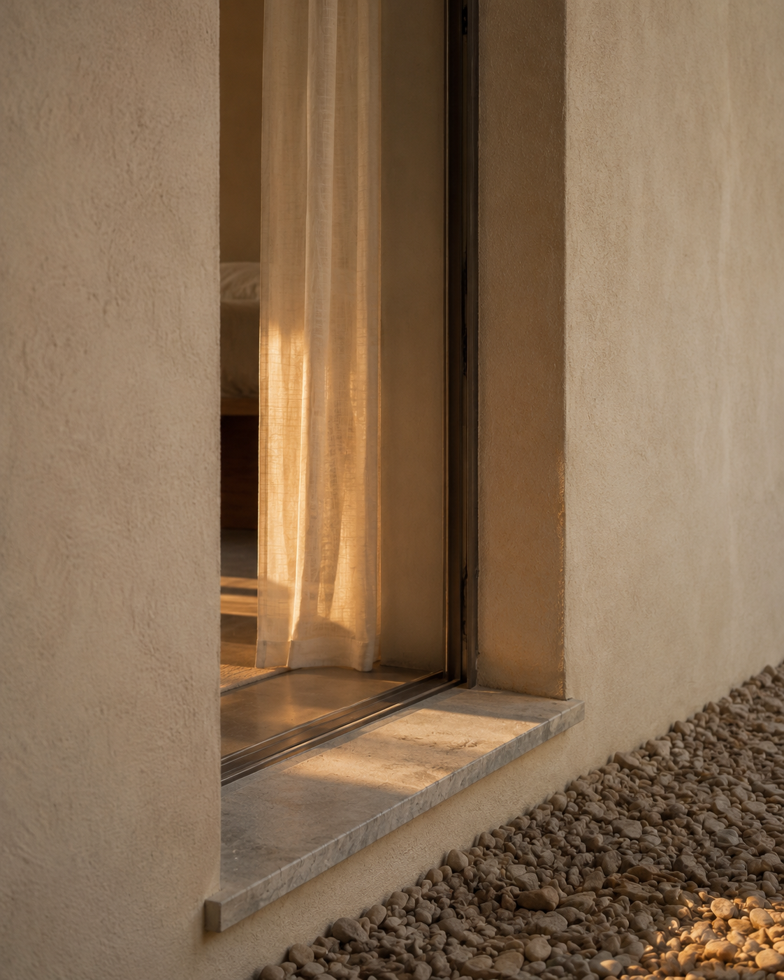 A window with a marble sill and beige walls, showing a sheer curtain illuminated by warm sunlight, with small stones outside the window.
