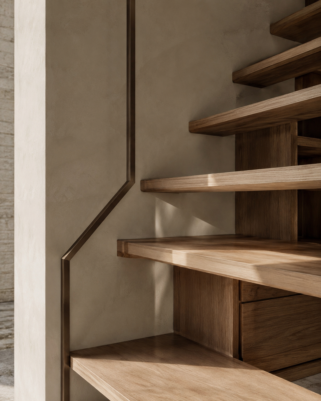 Close-up view of a modern wooden staircase with a metal handrail and shadow cast on the wall.