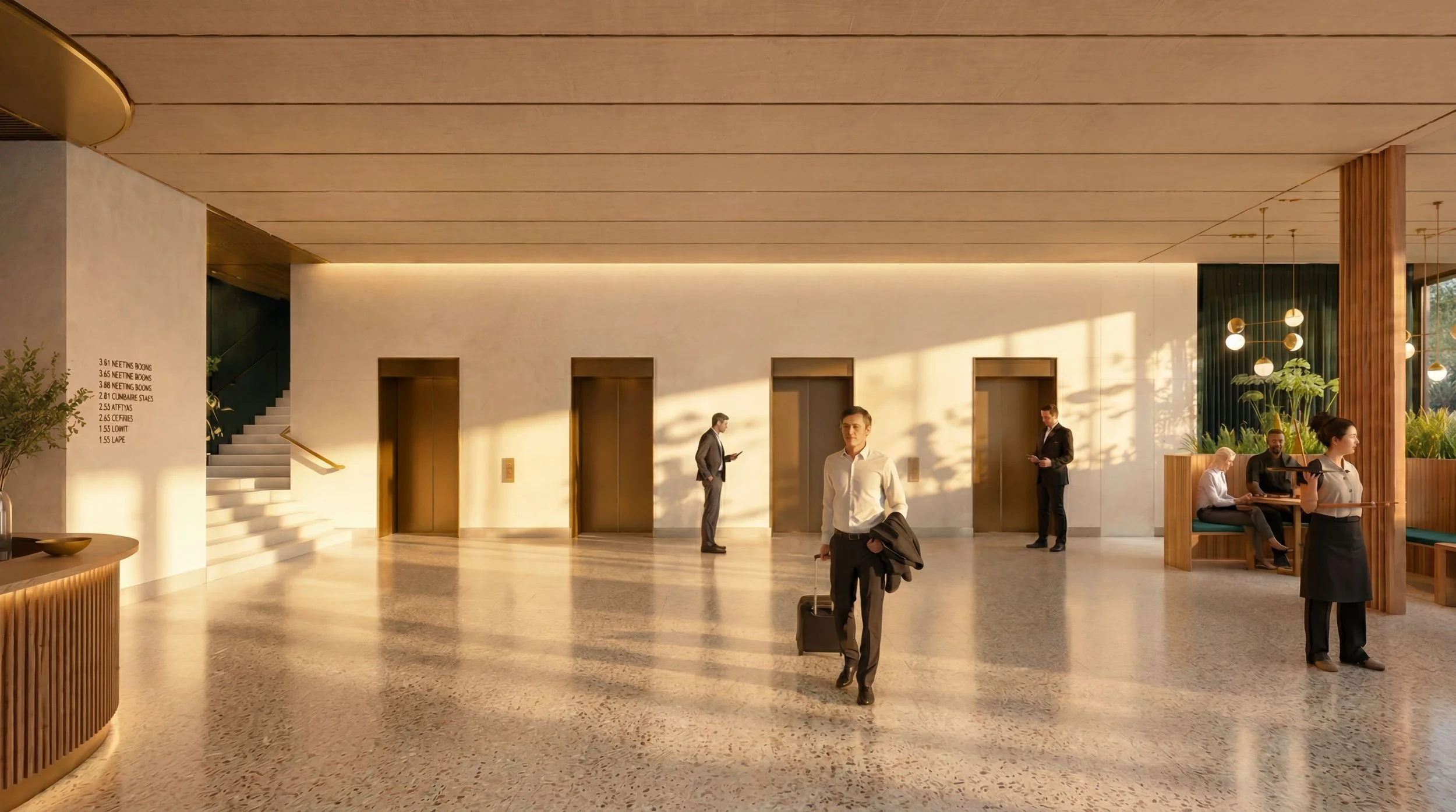 A hotel lobby with three elevators on a cream-colored wall, people walking with luggage, and a seating area with people sitting and waiting. The ceiling has wooden panels and hanging globe lights, and there is a wooden column on the right with green 