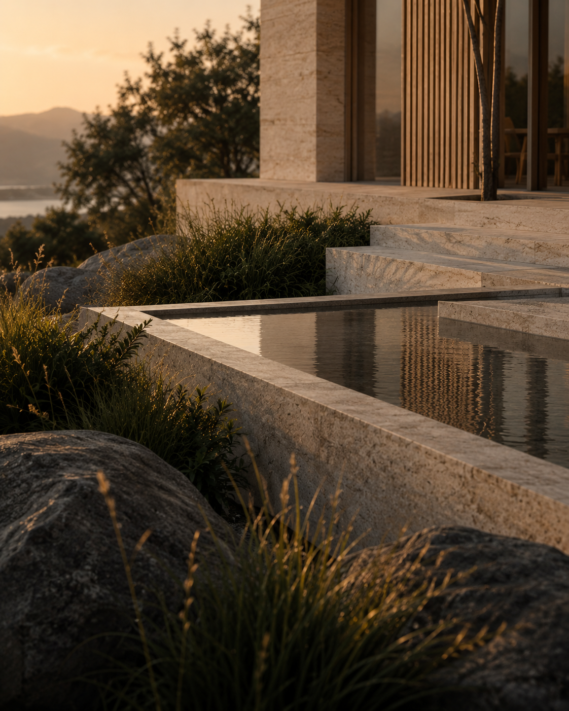 Modern house outdoor with stone steps, water feature, plants, rocks, and wooden sliding door, during sunset.