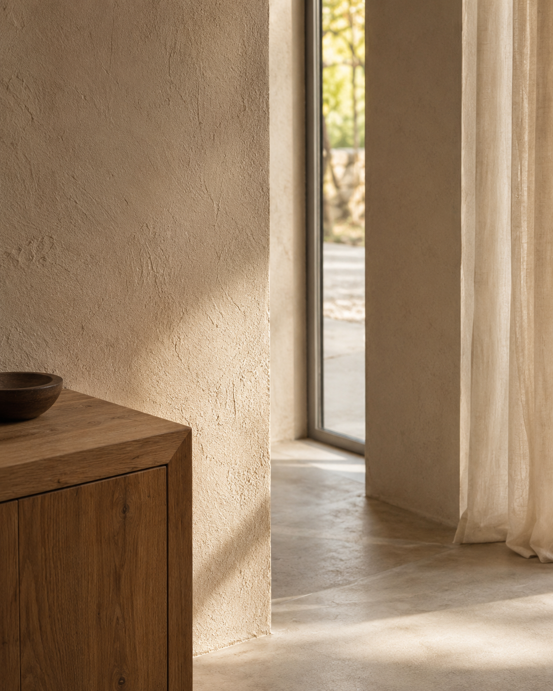 Interior view of a room with textured beige walls, a wooden cabinet with a small bowl, and a large glass door with beige curtains allowing natural light and a view of outdoors.