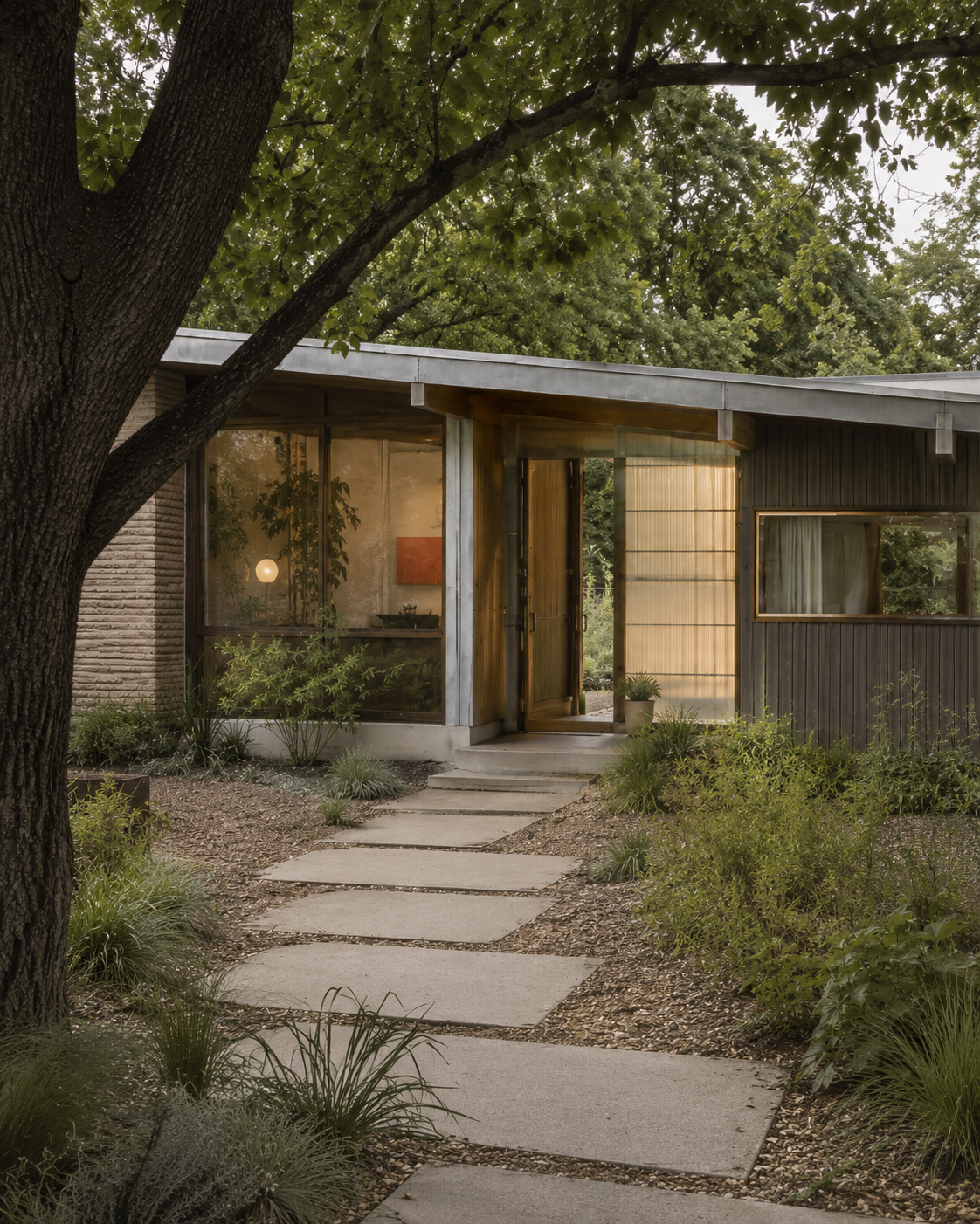 A modern house with large windows, a wooden door, and a pathway made of concrete slabs leading to the entrance, surrounded by green plants and trees.
