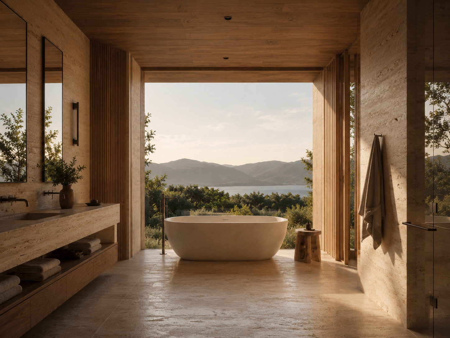 Luxury bathroom with a freestanding bathtub overlooking mountains and a lake, wooden ceiling, tiled walls, vanity with towels, and a door opening to scenic outdoor view.