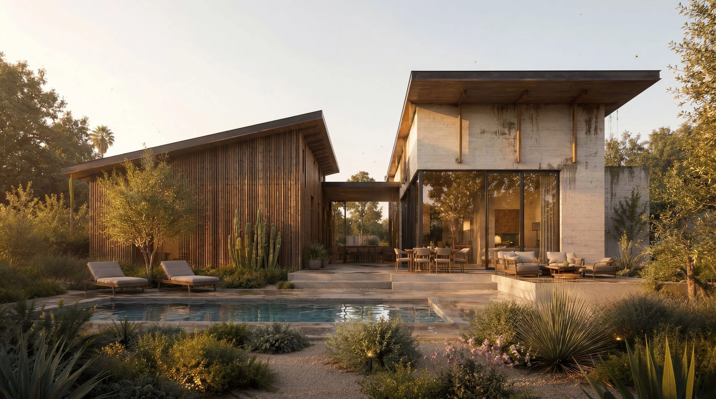 Modern house with large glass windows, surrounded by desert plants, with a swimming pool and outdoor seating area at sunset.