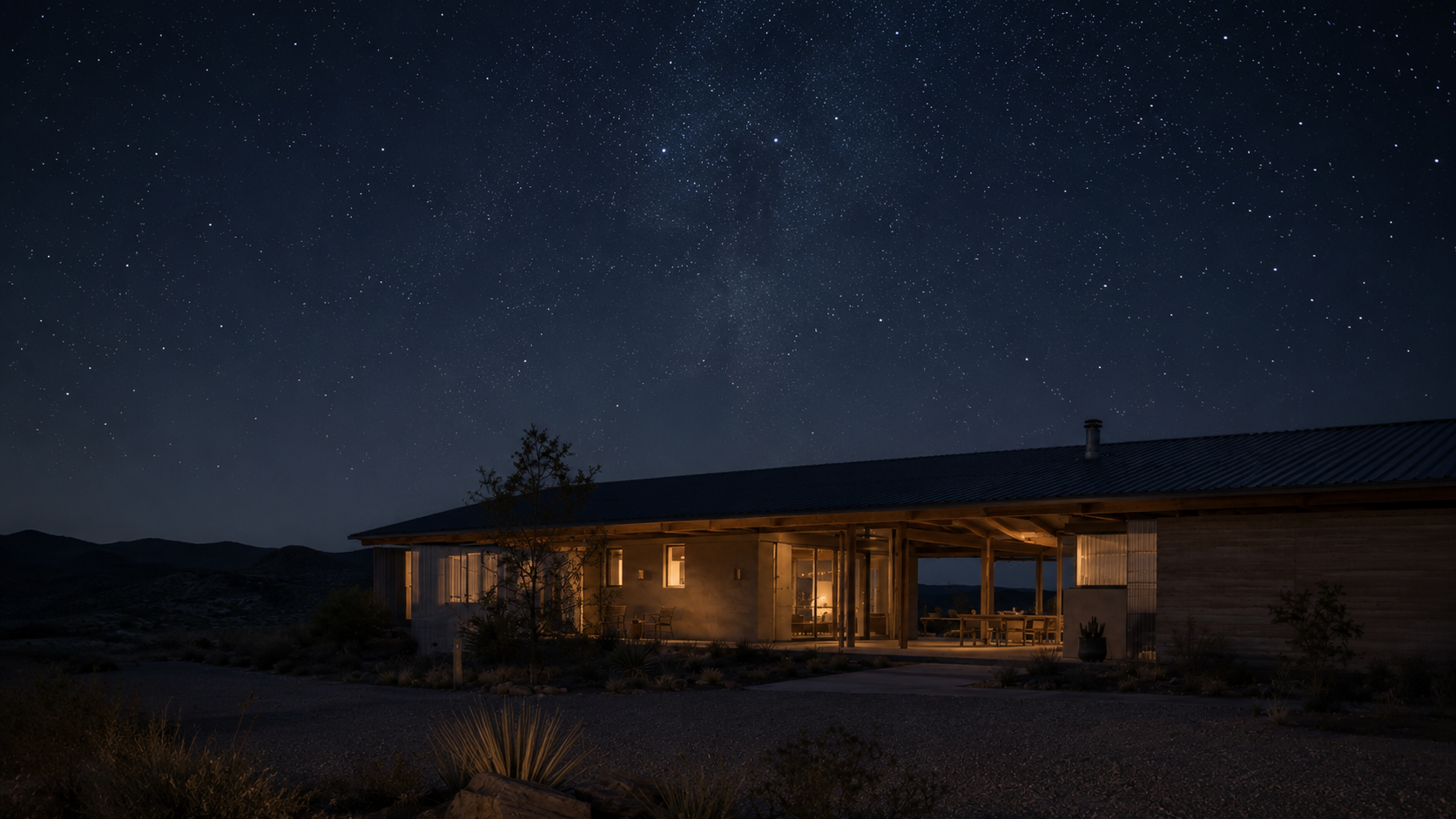 A house with warm interior lights visible through large windows, surrounded by desert landscape with sparse vegetation, under a clear night sky filled with numerous stars.