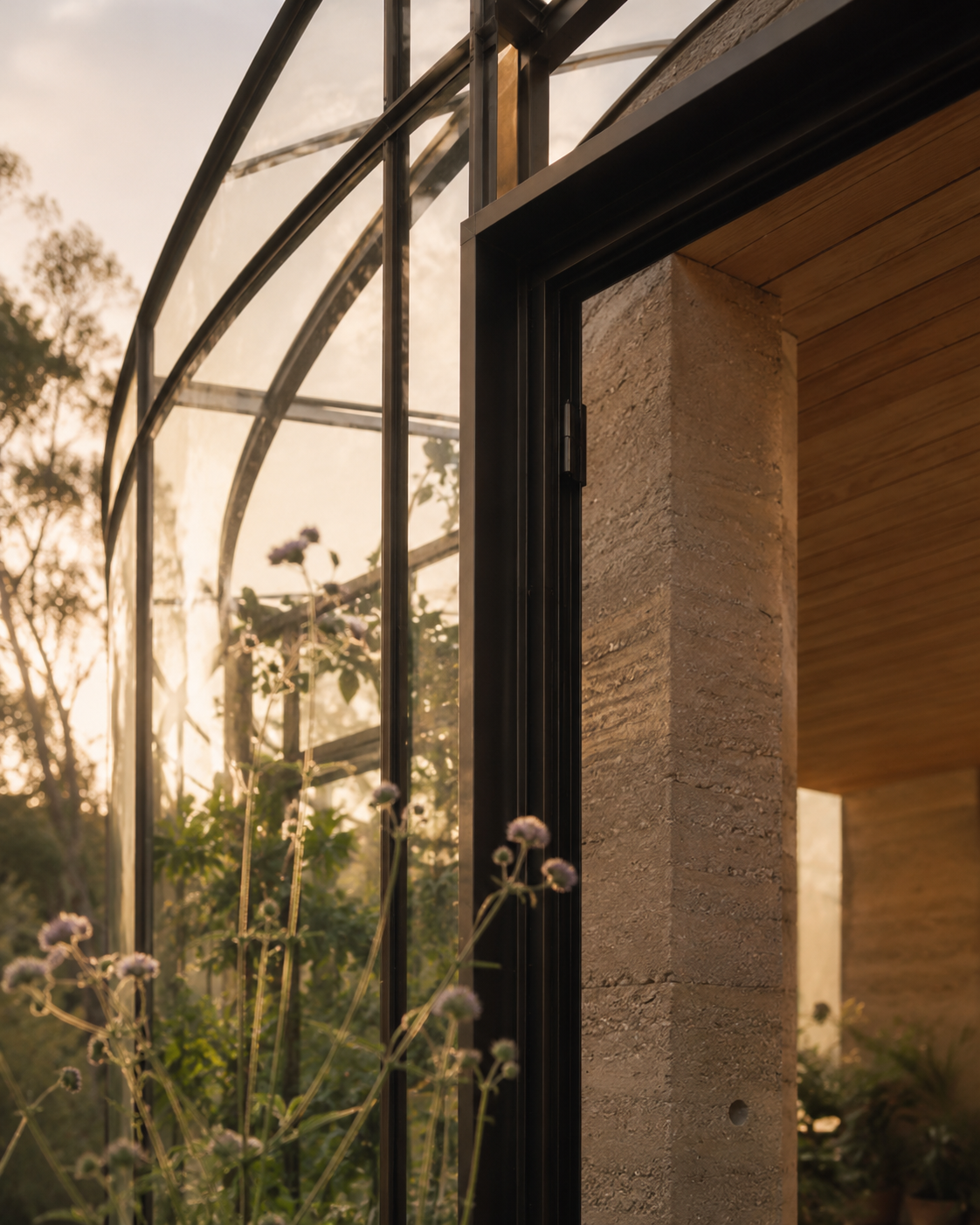 Close-up of a modern building with large glass windows reflecting trees and flowers during sunset, showing a concrete wall and wooden ceiling.