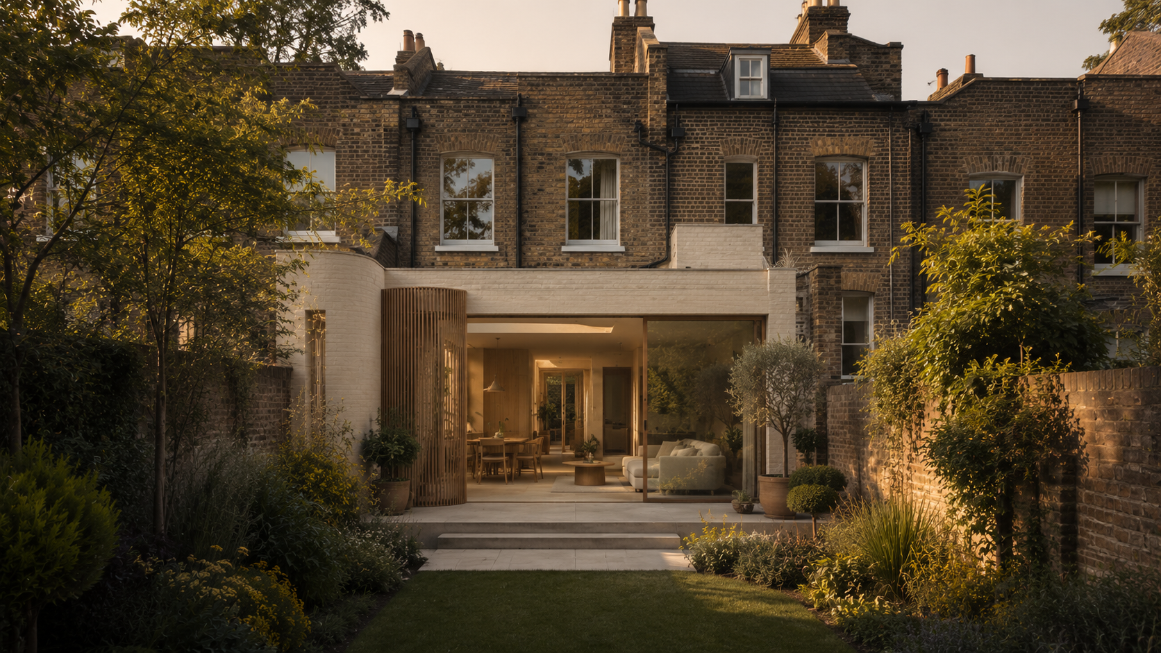 The image shows the backyard of a traditional brick townhouse with a modern extension featuring large glass doors revealing a cozy interior with a dining and living area, surrounded by lush greenery and garden plants.
