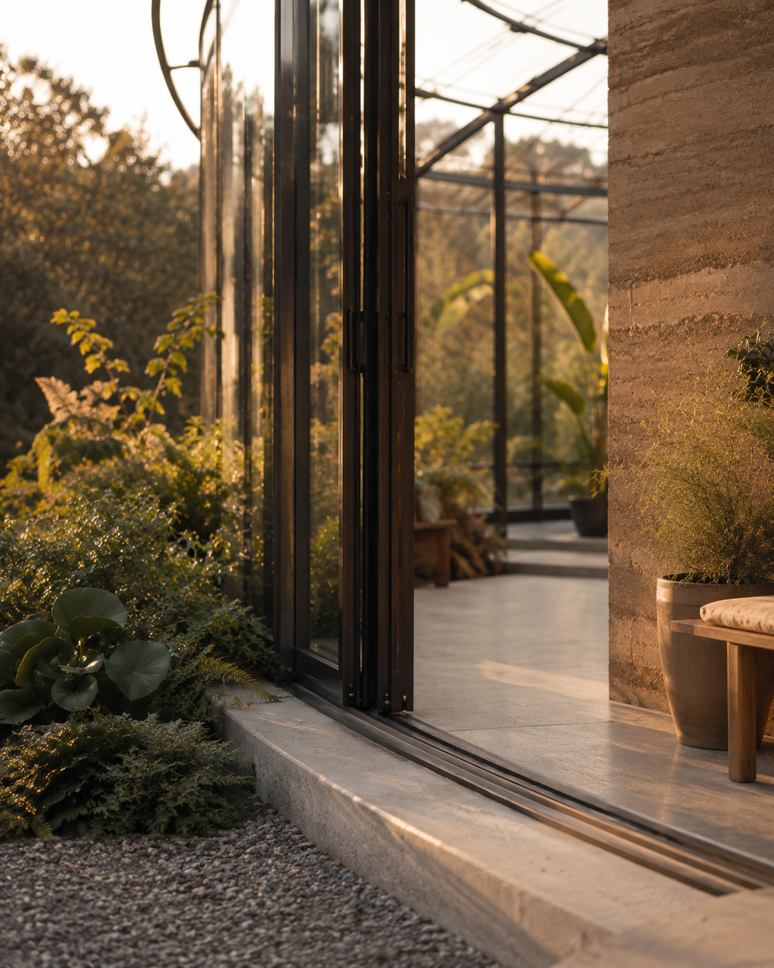Sunset view of indoor-outdoor space with glass door, lush green plants, and a wooden bench on a concrete floor.
