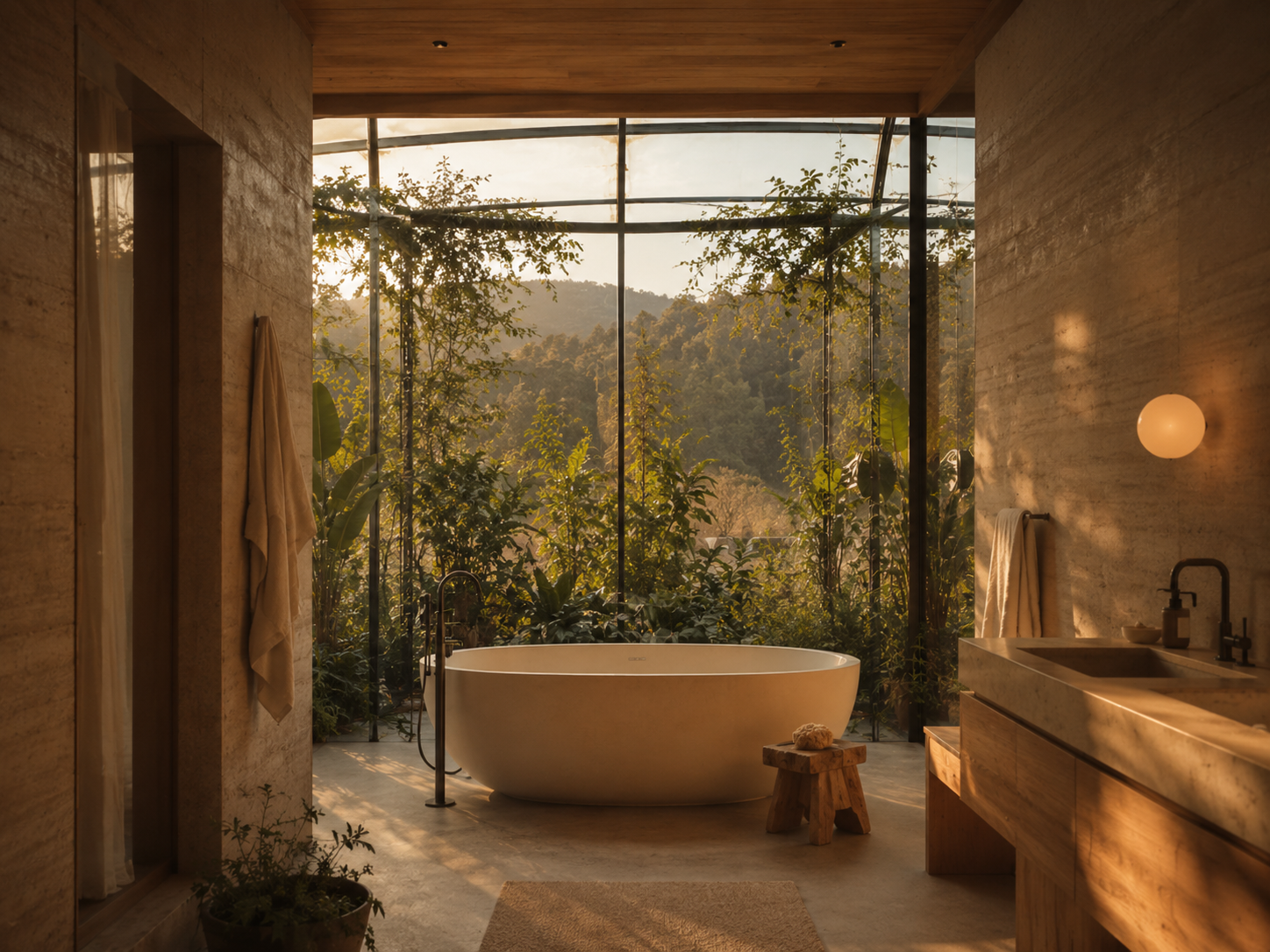 A modern bathroom with a freestanding bathtub positioned in front of a large window overlooking lush green mountains and trees, with warm natural lighting streaming in.
