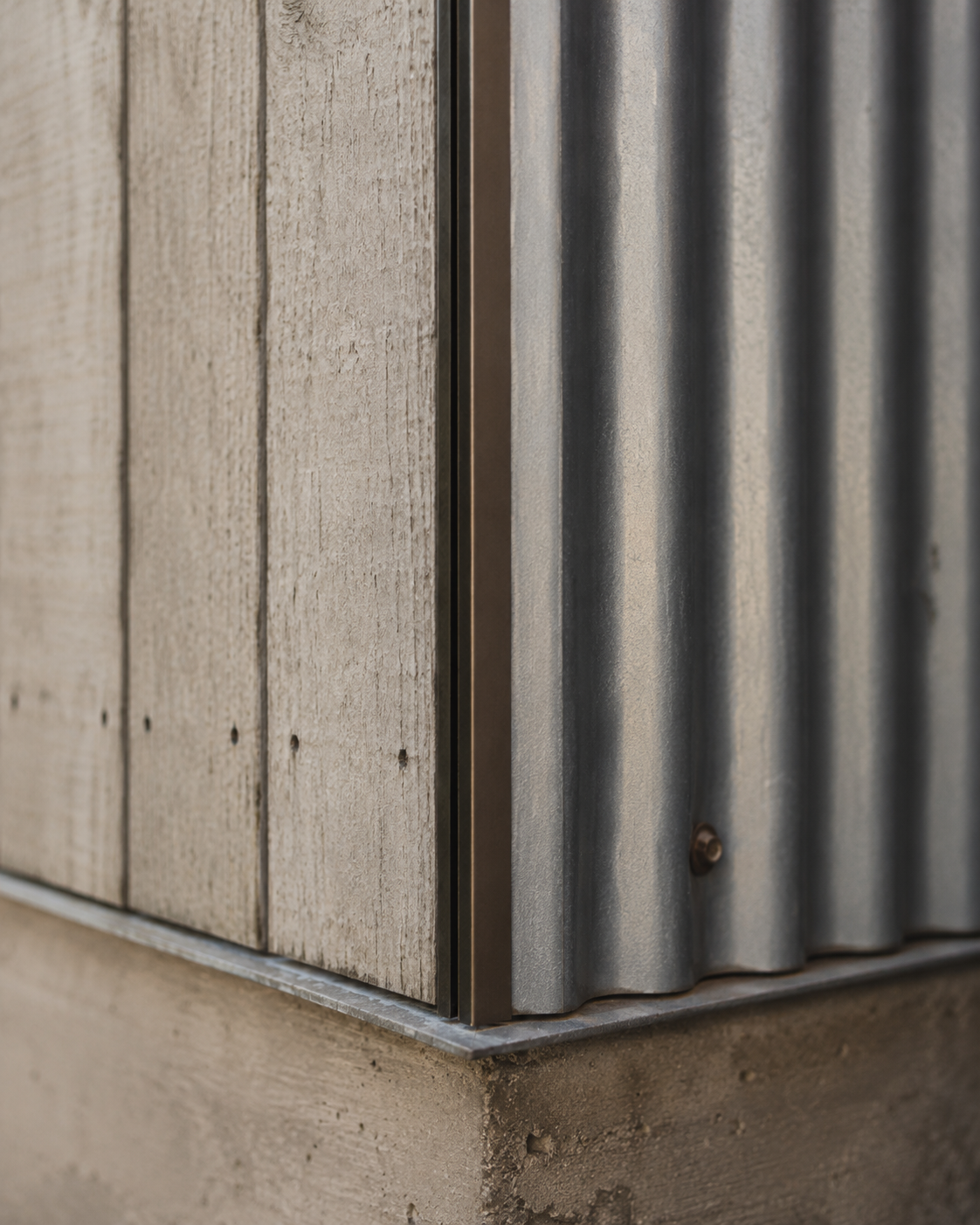 Close-up of a corner where a wooden wall meets a corrugated metal wall, with a metal trim in between.