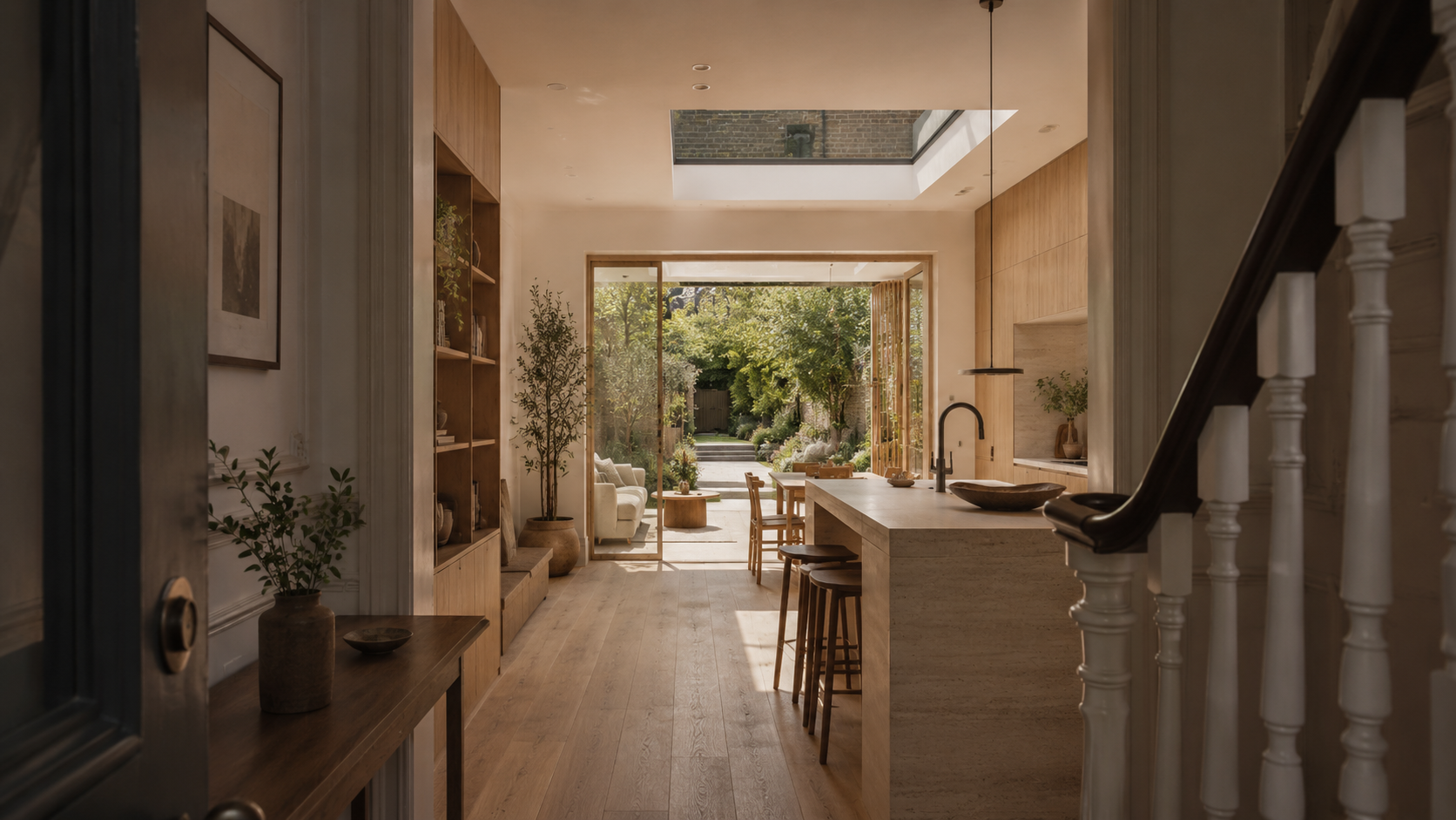 Open-concept kitchen and living area with large sliding glass doors leading to a lush garden with trees and shrubs; wooden furniture, a kitchen island with a black faucet, built-in shelves, and natural light from skylights and windows.