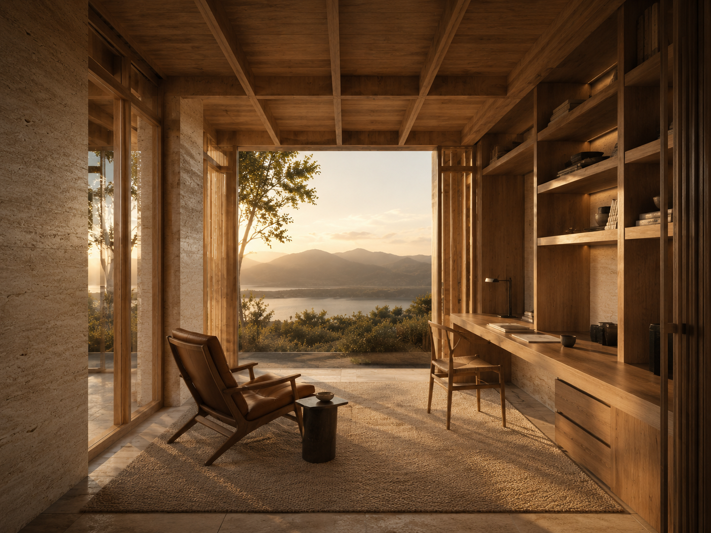 A cozy wooden interior room with large open window revealing a scenic view of a lake, mountains, and trees at sunset. The room has a leather armchair, side table, and built-in wooden shelves with books and decorative items.