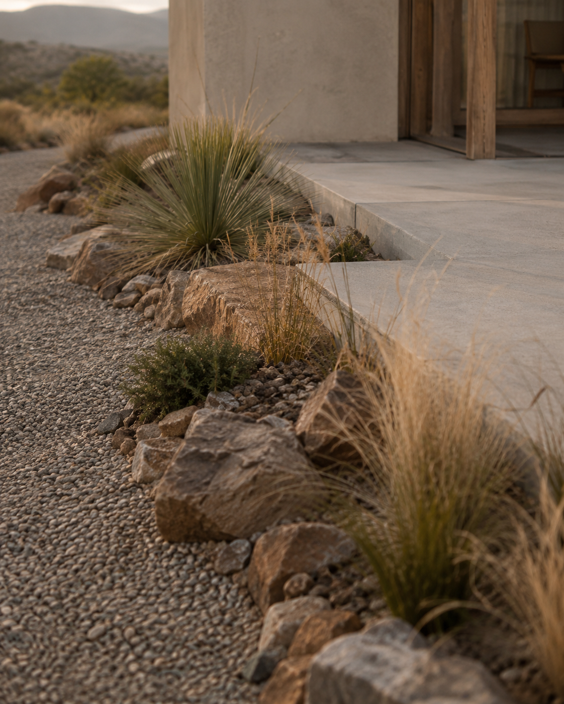 A gravel pathway lined with desert plants and rocks next to a concrete patio and a wooden building in a desert landscape.