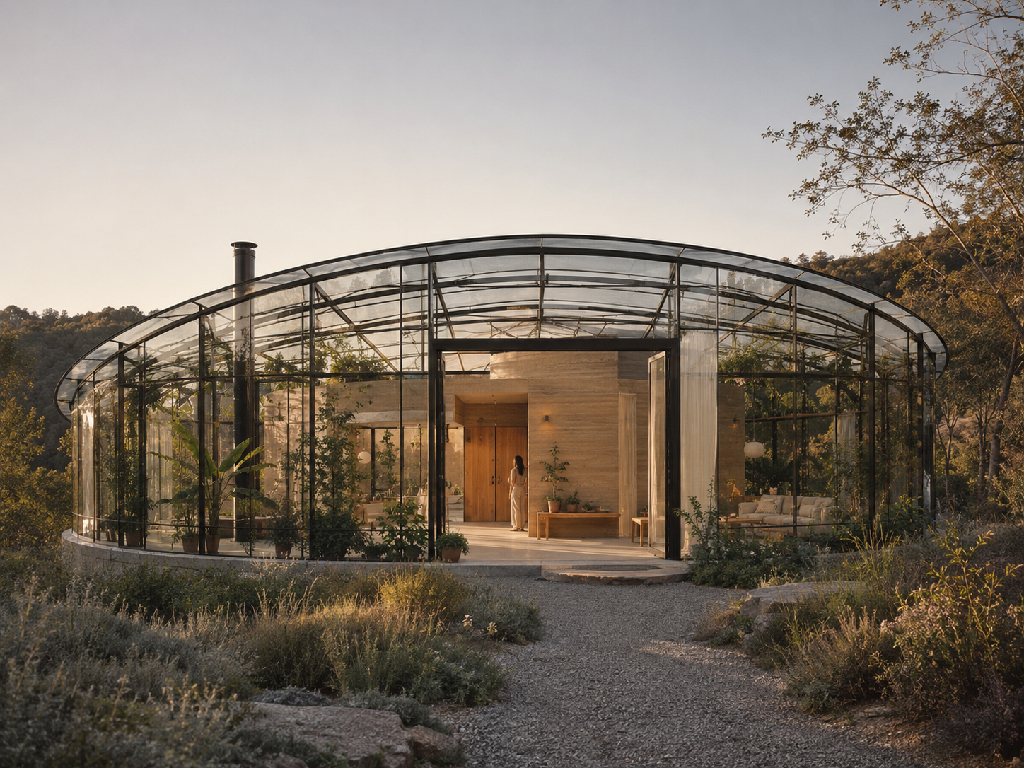 Modern glass house with curved roof and wooden interior, surrounded by plants and situated in a natural landscape at sunset.
