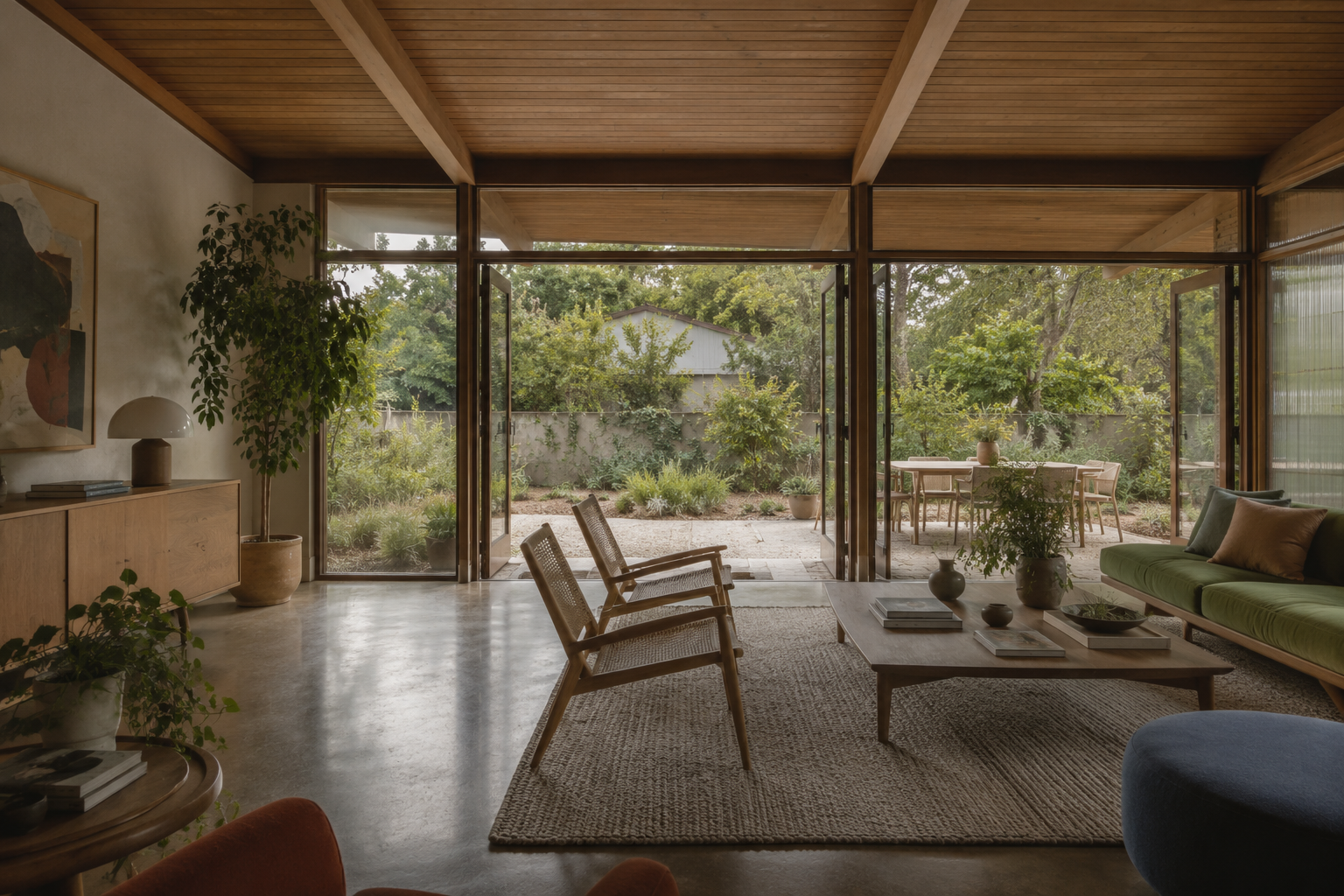 Living room with large glass doors open to a backyard with trees and outdoor furniture, a green sofa, wooden chairs, and potted plants.