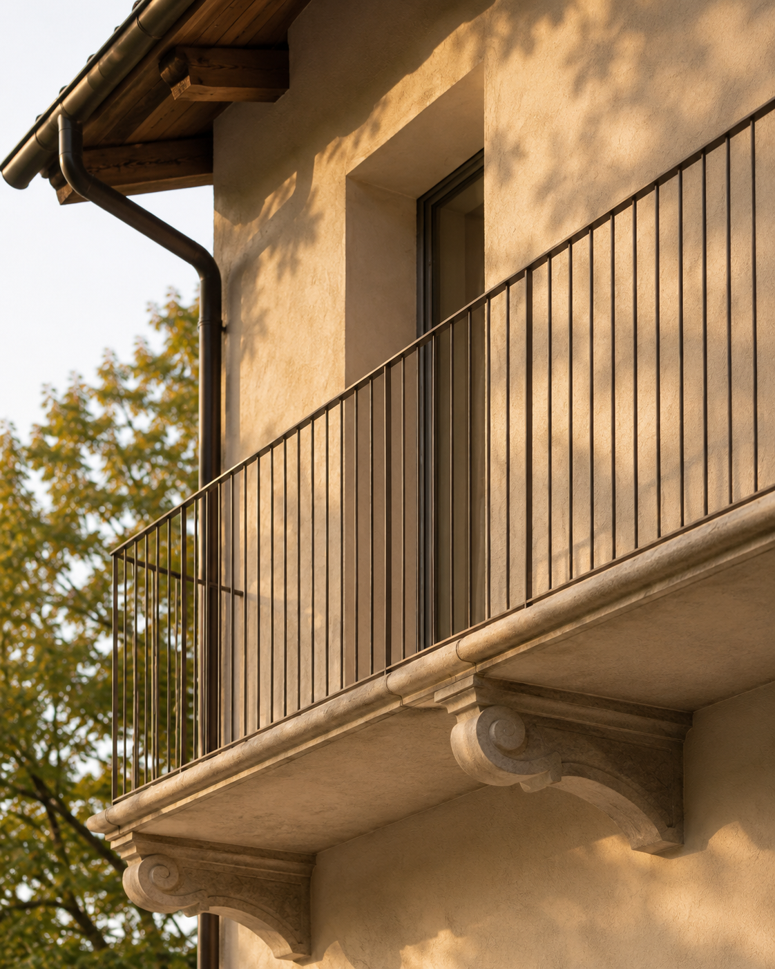 A close-up of a building's beige stucco wall, with a metal balcony railing and a window, against a background of trees with green and orange leaves, illuminated by warm sunlight.