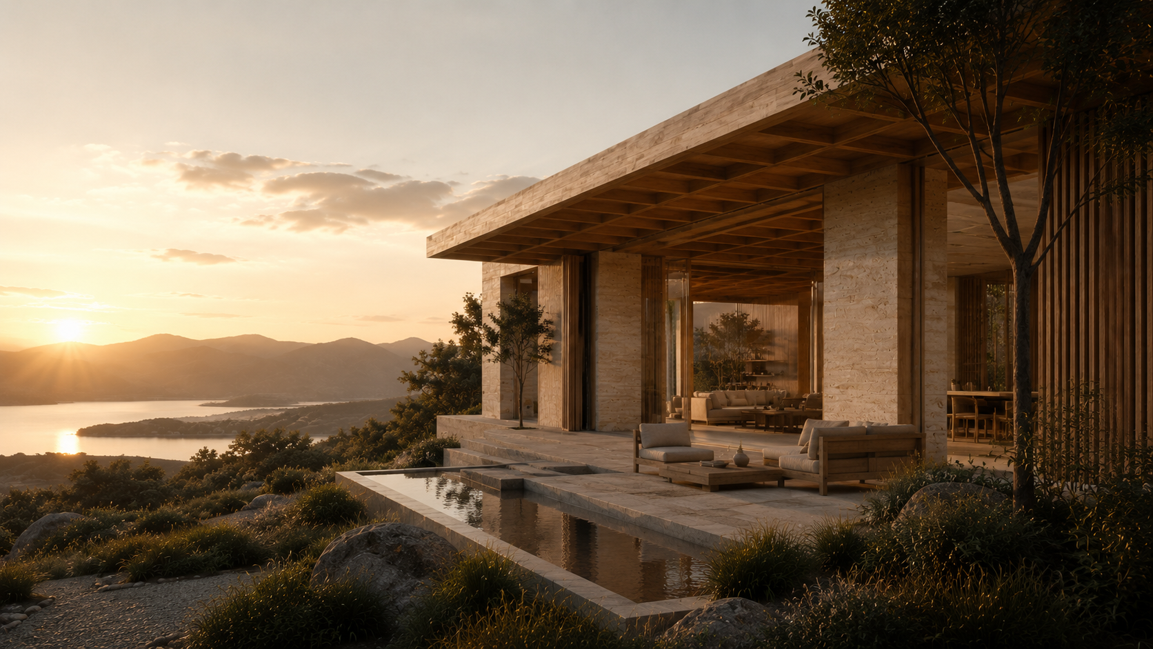 Modern house with large glass windows and a wooden exterior, overlooking a scenic lake and mountain landscape at sunset, with outdoor seating and a small pool.