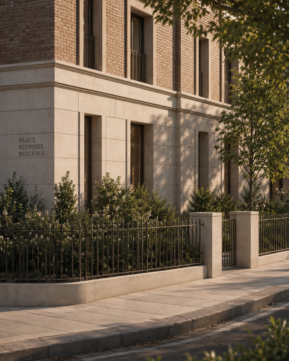 Street view of a modern building with brick and beige stone facade, surrounded by trees and a black metal fence.