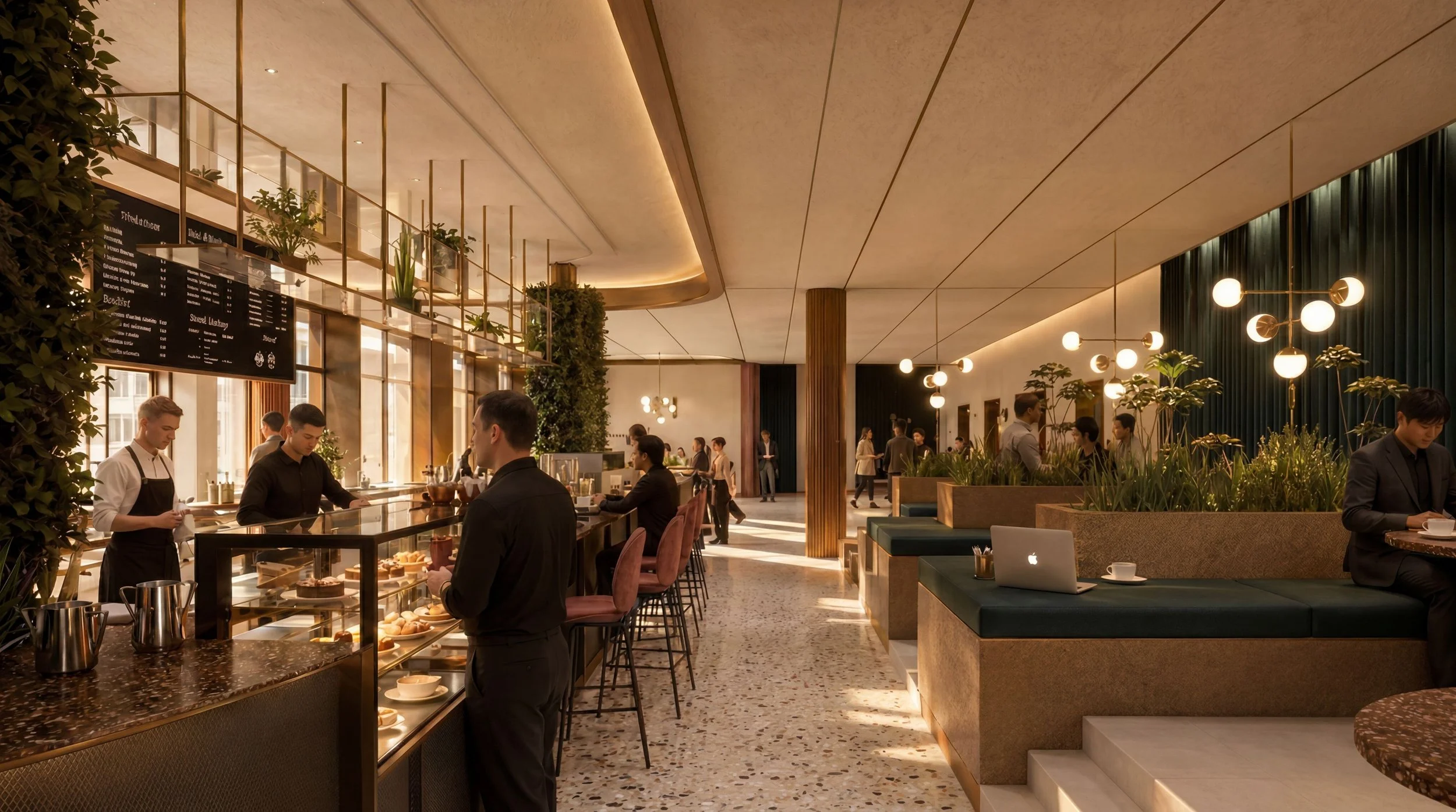 Interior of a modern, upscale restaurant or cafe with customers sitting at the bar and tables, warm lighting, decorative plants, and people working or socializing.