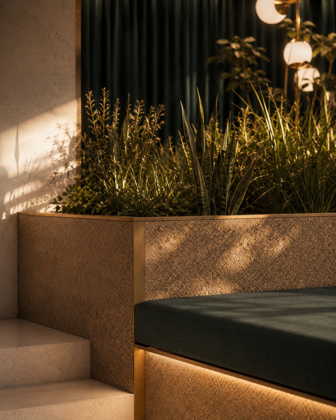 Indoor space with a bronze textured planter box filled with green plants, a dark green cushioned bench, stairs to the left, and warm lighting with a green curtain and round white pendant lights in the background.