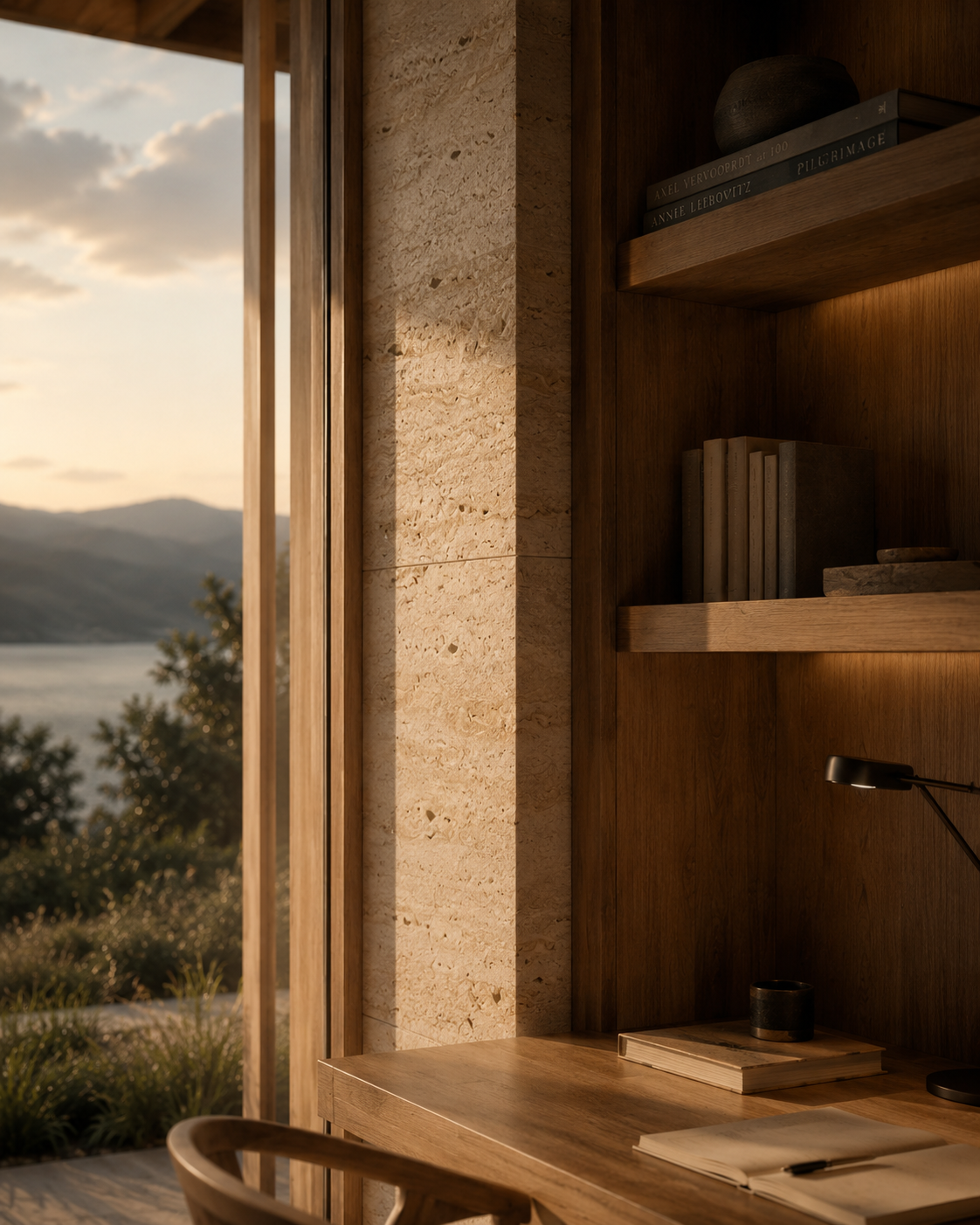 Interior view of a wooden study desk with books and a small plant, next to a window showing a scenic view of mountains, trees, and water at sunset.
