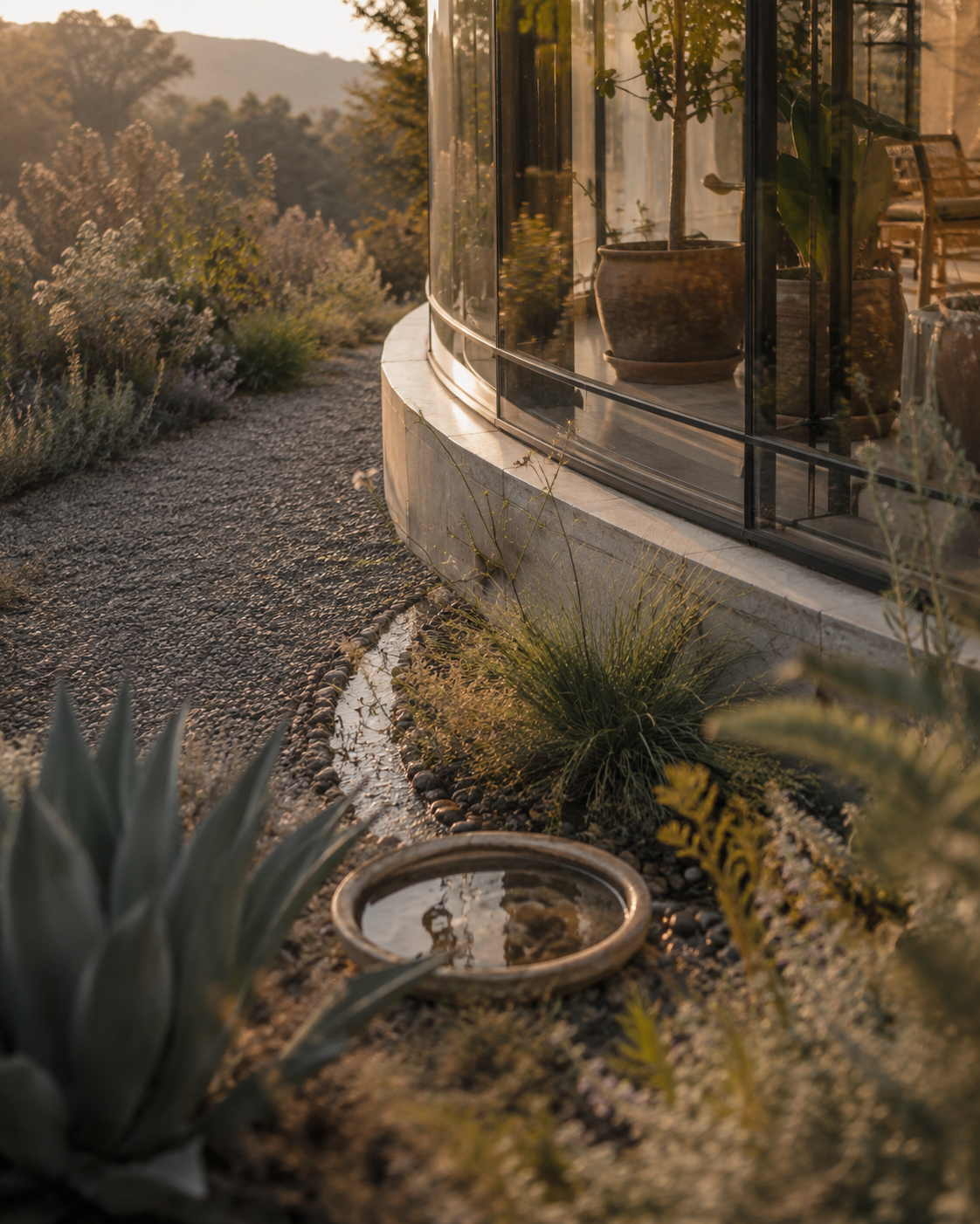 A curved glass patio with potted plants inside, overlooking a garden with desert plants and a gravel path during sunset.
