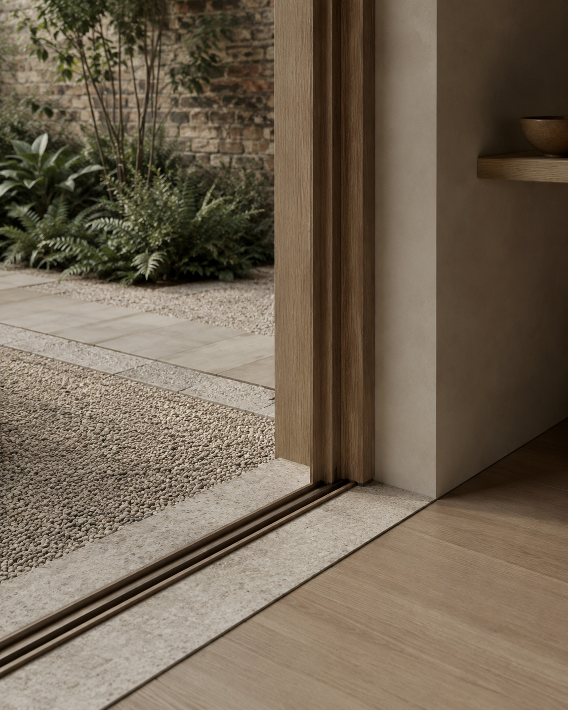 Close-up view of a sliding glass door frame with an indoor wooden floor and a garden with plants and a brick wall outside.