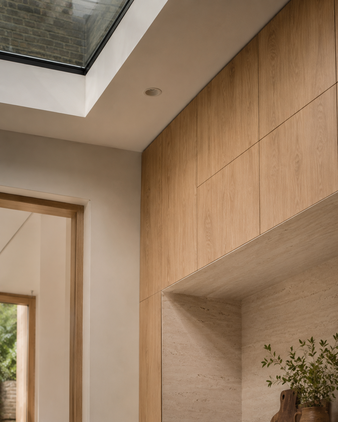 Interior corner of a modern home with a ceiling skylight, wooden wall panels, and beige stone wall with a potted plant.