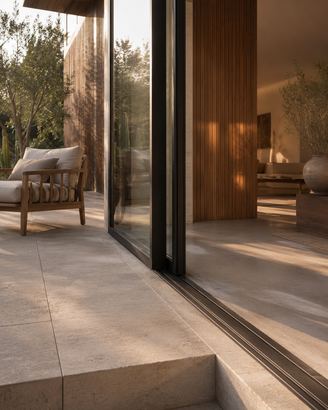 Sunlit patio with beige tile flooring, wooden seating with cushions, and views of trees outside, connected to a modern interior with wooden wall panels.