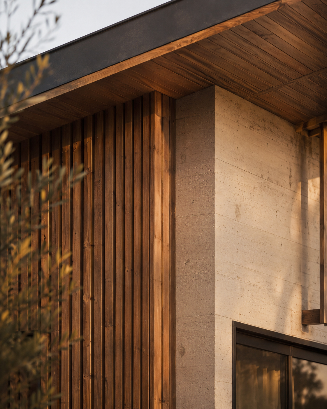Close-up of a modern building corner with vertical wooden slats and a concrete wall beneath a wooden ceiling.