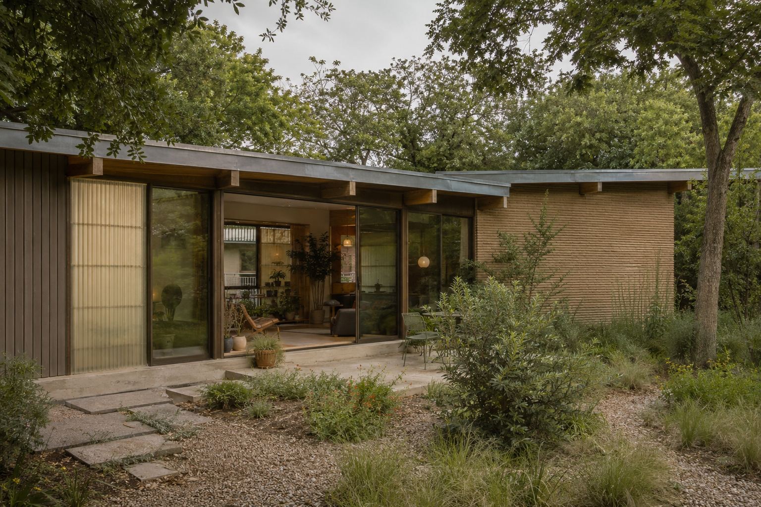 Modern house with large glass sliding doors, surrounded by lush greenery and plants in a garden setting.