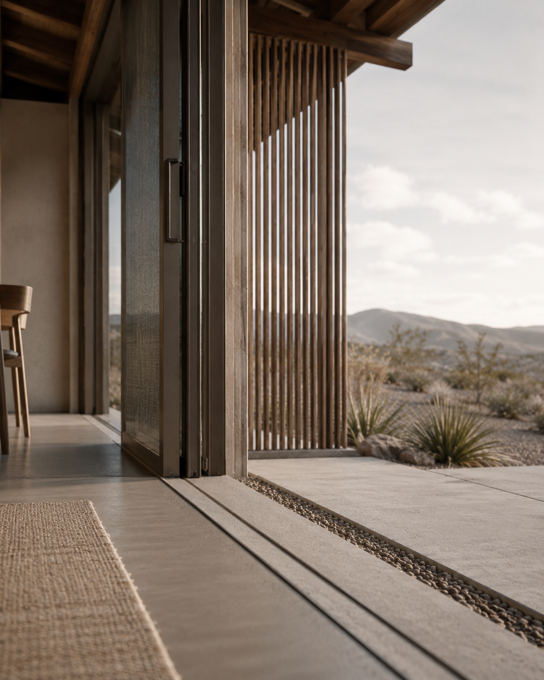 Open sliding glass door leading to a desert landscape with mountains and desert plants in the background.