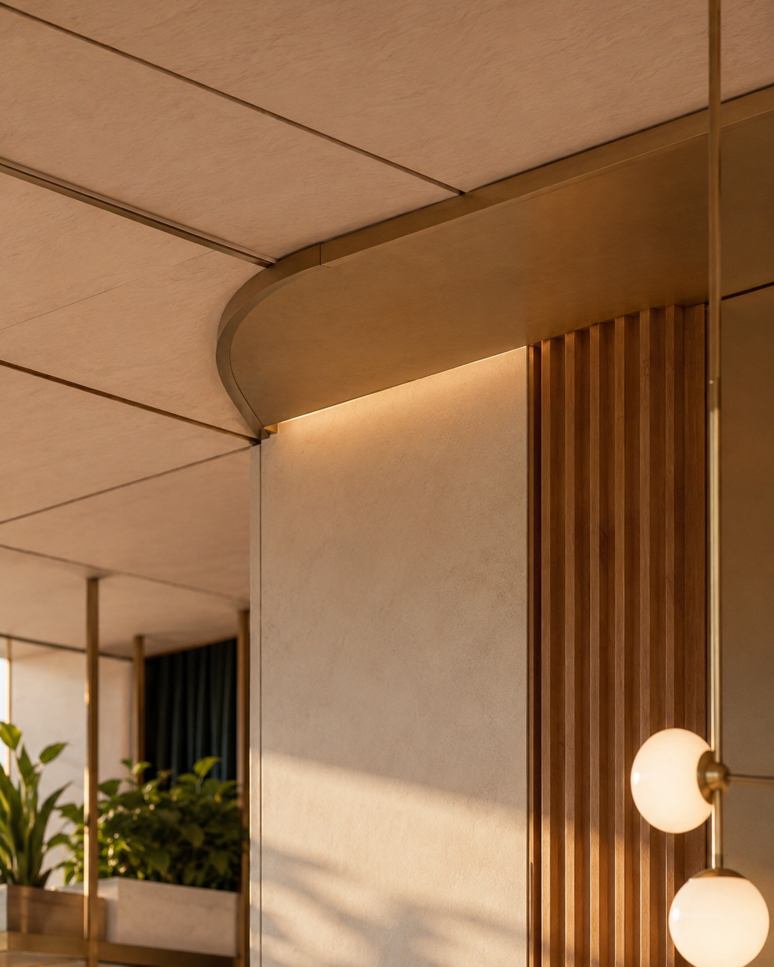 Interior ceiling design with wooden panels, a curved wooden beam, and a wall-mounted light fixture with spherical bulbs.