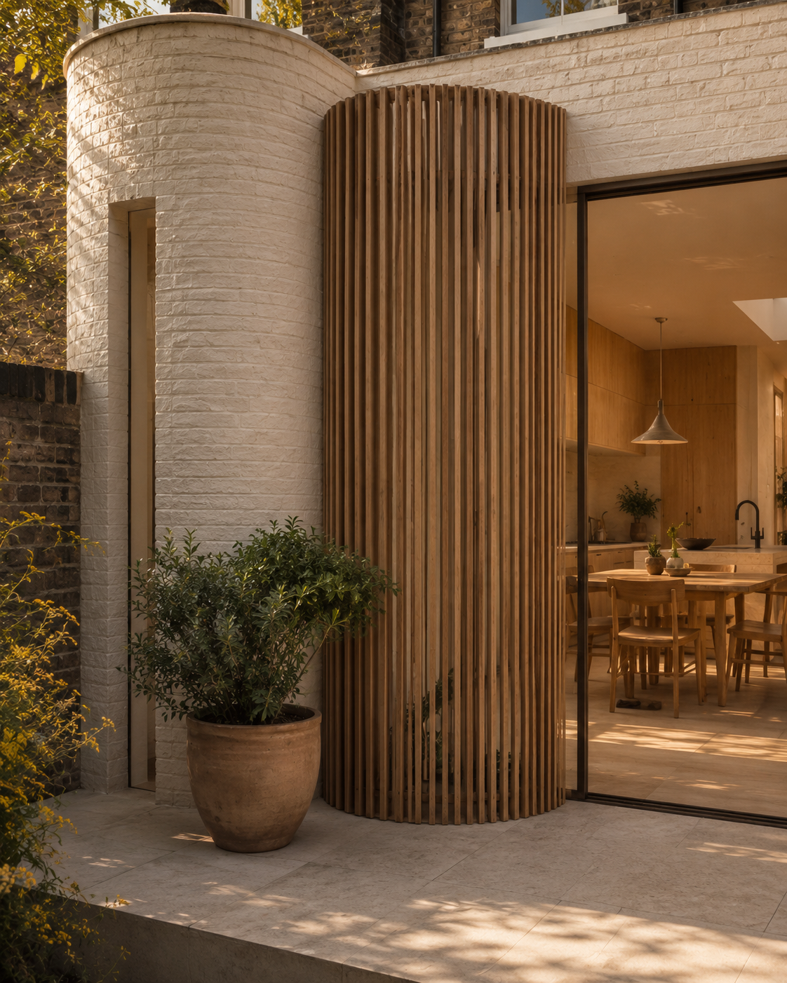 Close-up of modern house exterior with white brick curved wall, wooden slat privacy screen, large potted plant, and glass sliding door revealing a dining area with wooden table and chairs inside.