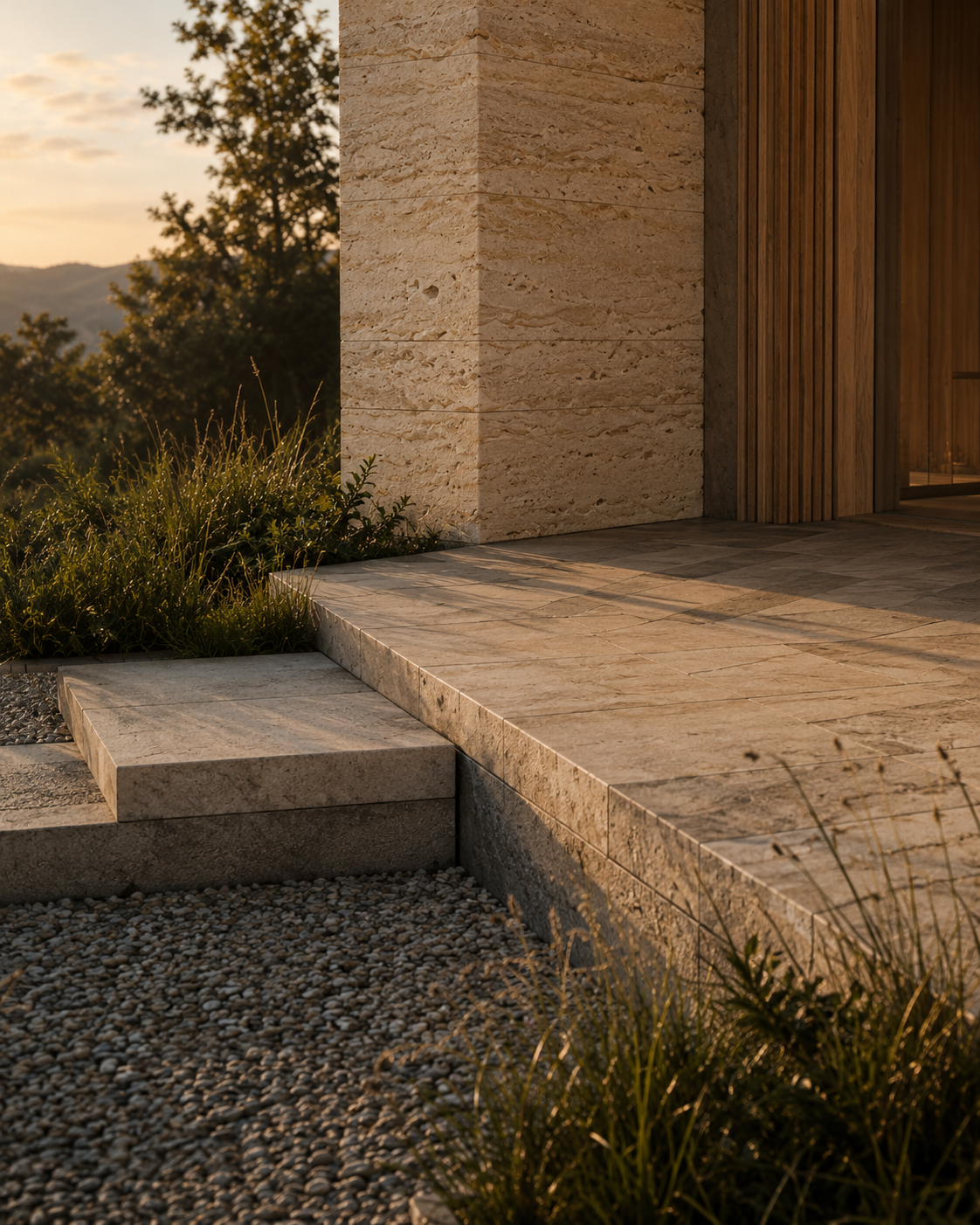 Close-up of a modern building entrance with stone and wood exterior, with steps leading up to it and grass and pebbles nearby, during sunset.