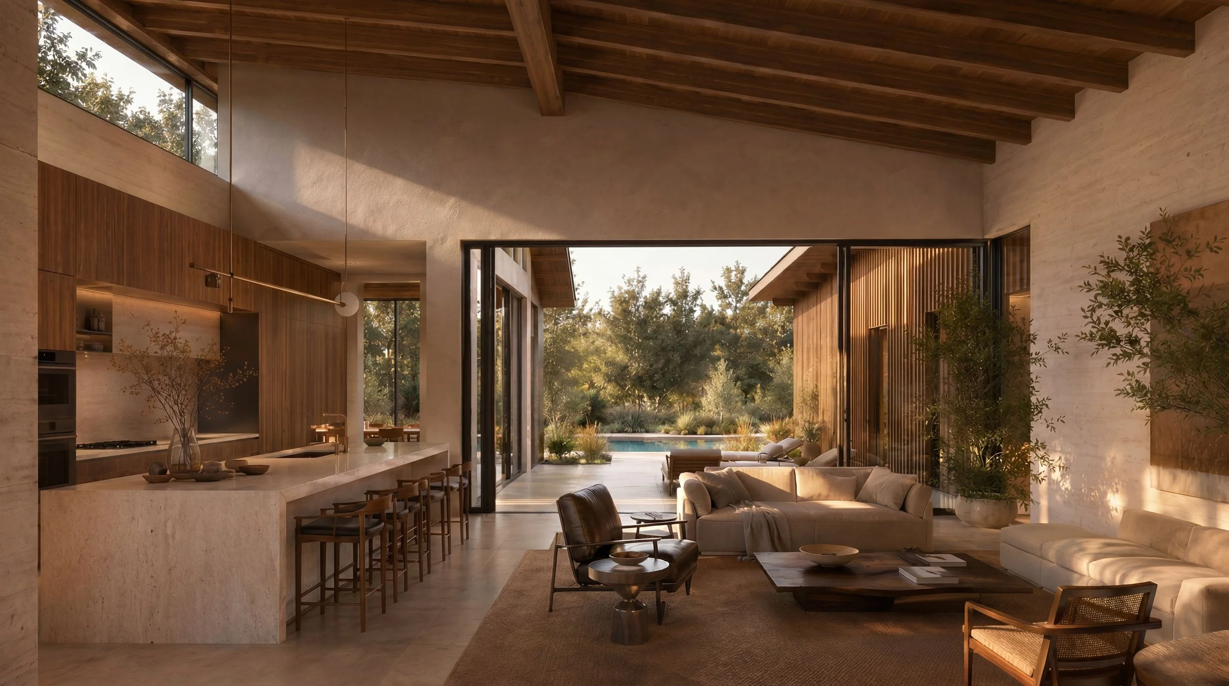 Open-concept modern living room with large glass doors opening to a backyard with a swimming pool, surrounded by trees and landscape, featuring wooden and neutral tones.