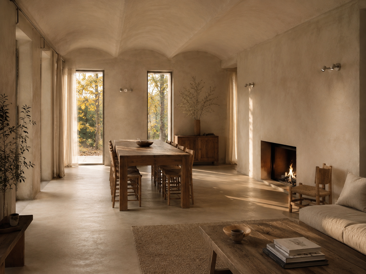 A minimalist living room with a wooden dining table, chairs, a cozy fireplace, beige walls, large windows with curtains, and simple decor including a vase with branches, books, and a sofa.