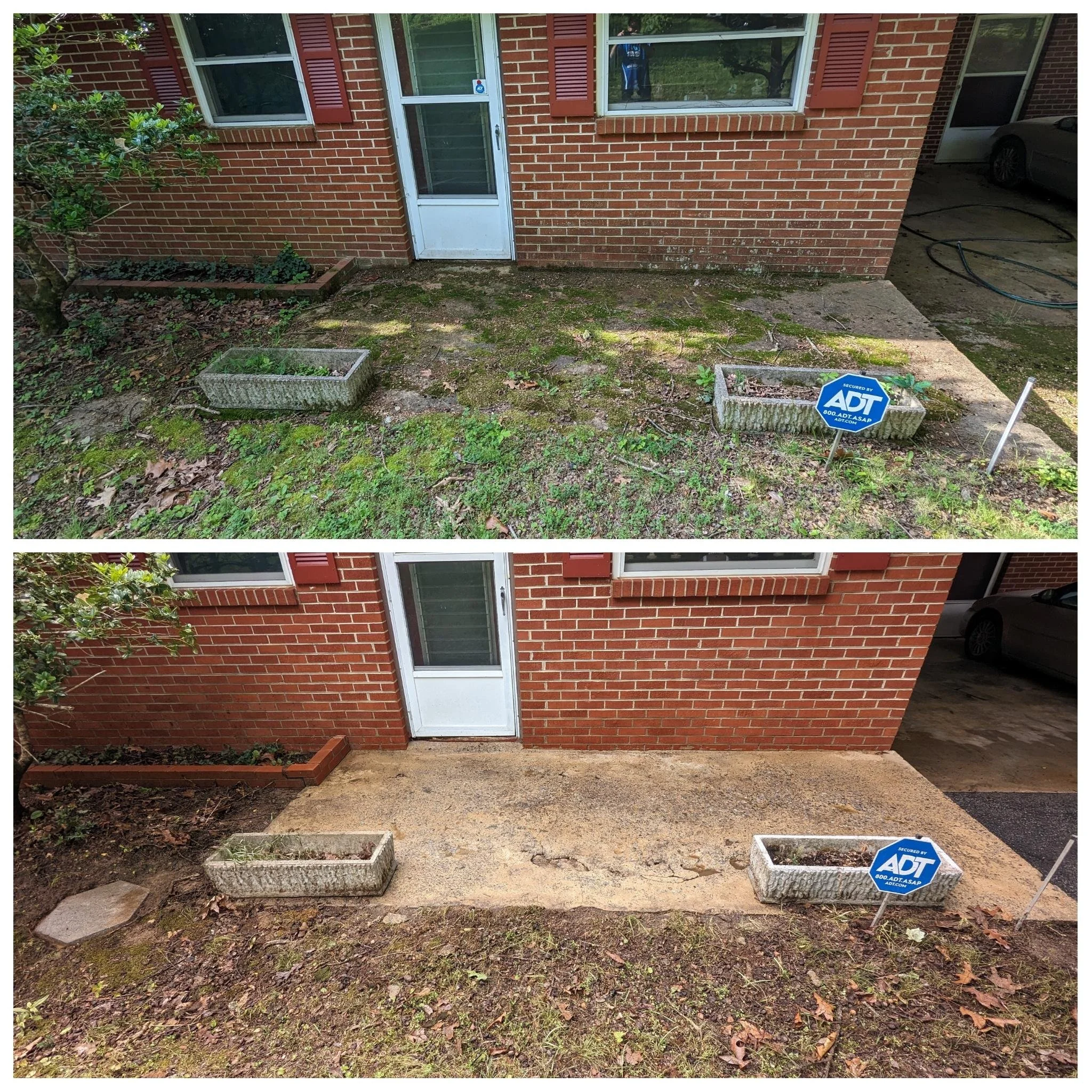 Before and after front walkway concrete cleaning in Kodak, TN showing moss, dirt, leaves, and organic buildup removed near the entrance of a brick home for a cleaner curb appeal.