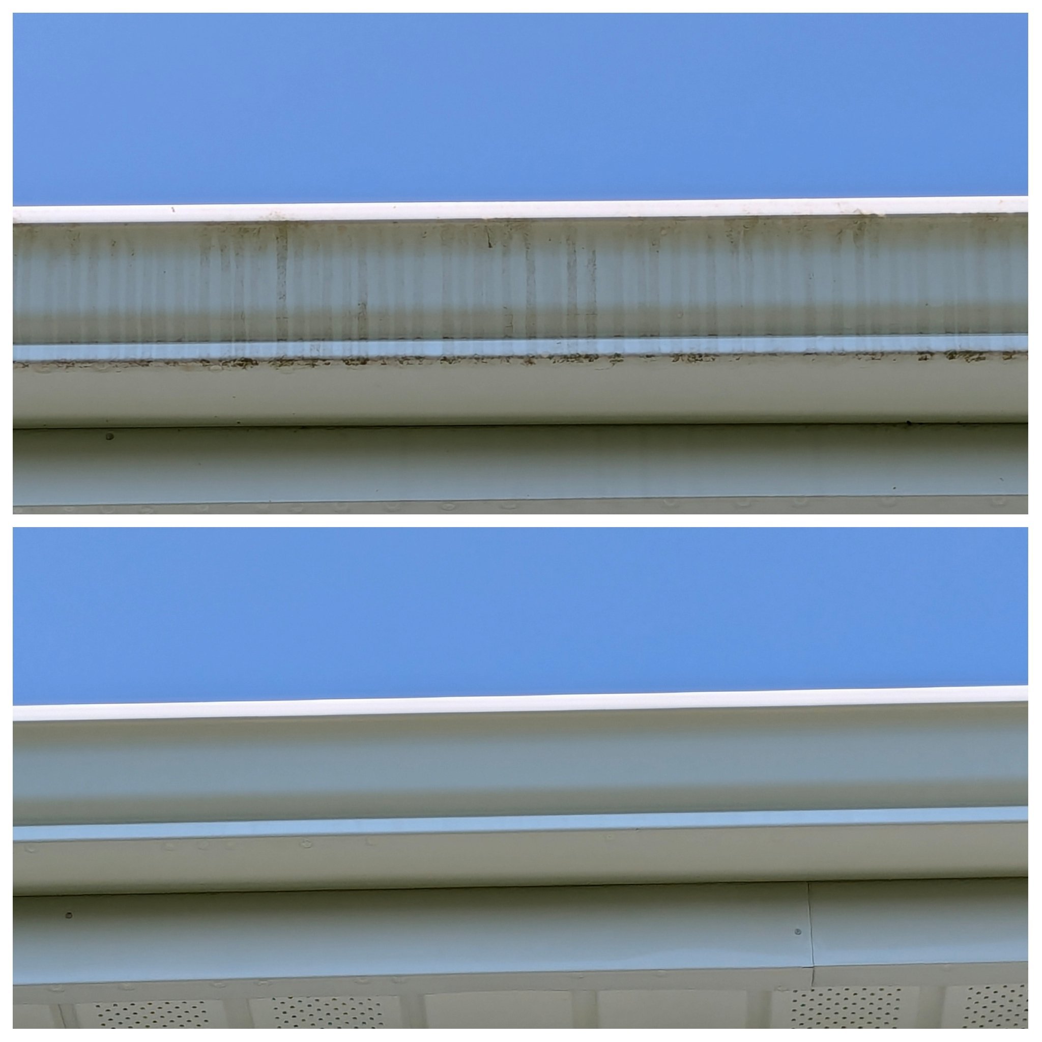Before and after gutter brightening in Oak Ridge, TN showing dark streaks and oxidation removed from white gutters for a cleaner exterior finish.