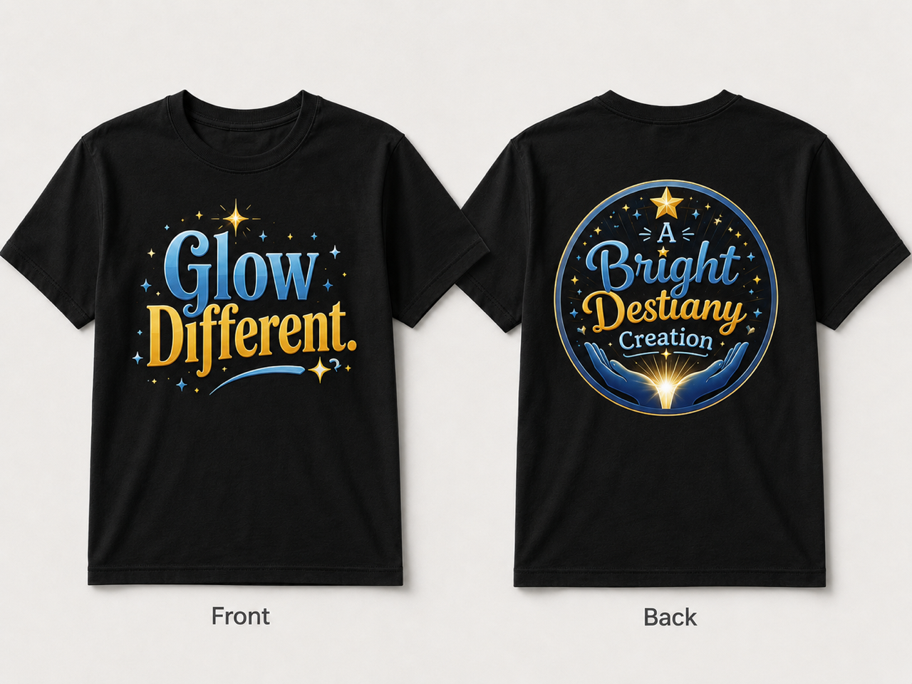 Black t-shirts featuring celestial designs and inspirational text, with 'Glow Different' on the front and 'A Bright Destiny Creation' on the back.