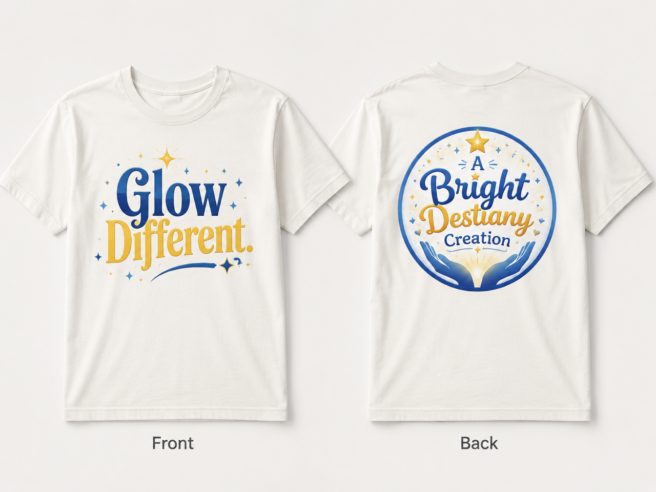 White T-shirt with blue and gold text and graphics. The front says "Glow Different" with stars and sparkles. The back says "A Bright Destiny Creation" with hands holding a glowing star and surrounding stars.