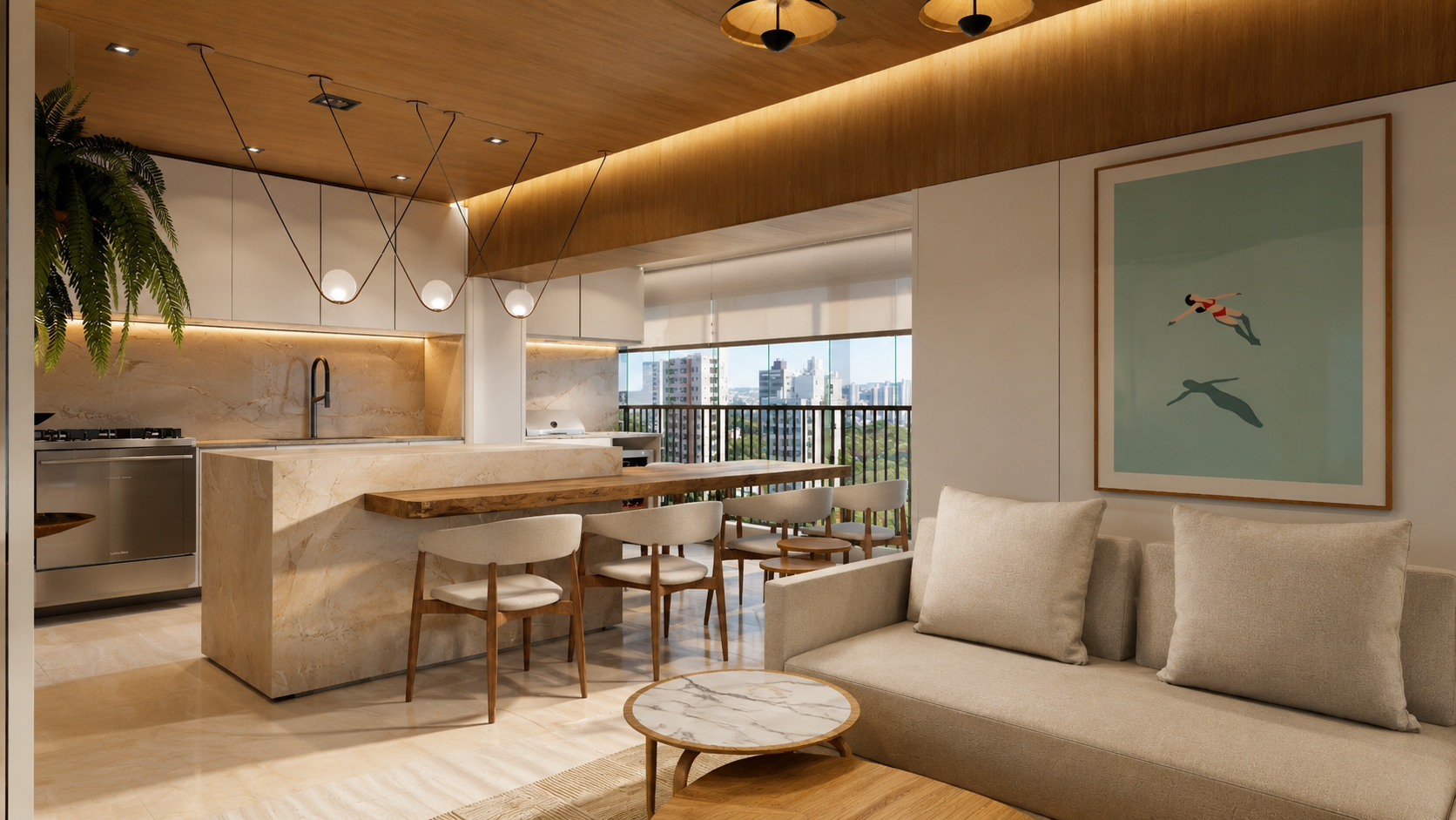 Projeto de interiores contemporâneo para apartamento de 100m², com ambientes integrados, marcenaria sob medida, iluminação indireta, materiais naturais e design minimalista sofisticado, criando espaços acolhedores, funcionais e atemporais.