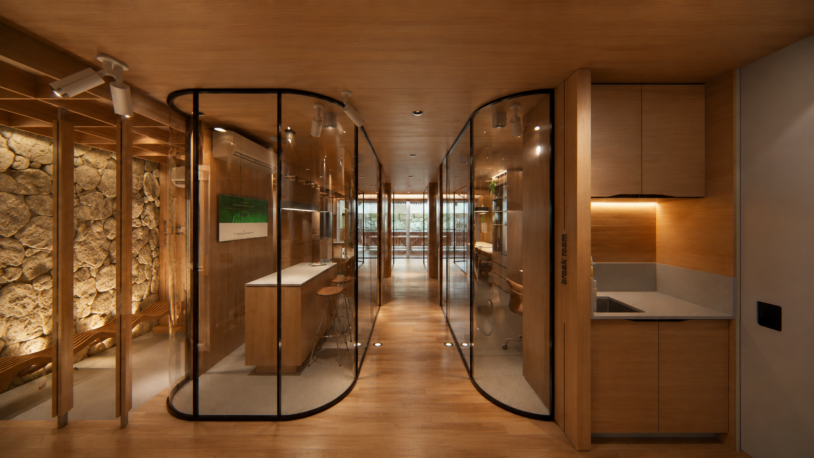 Projeto corporativo contemporâneo com arquitetura minimalista, integração entre madeira natural, pedra moledo e estrutura metálica. Ambientes sofisticados com iluminação natural, design biofílico e espaços de convivência que unem conforto, funcionali