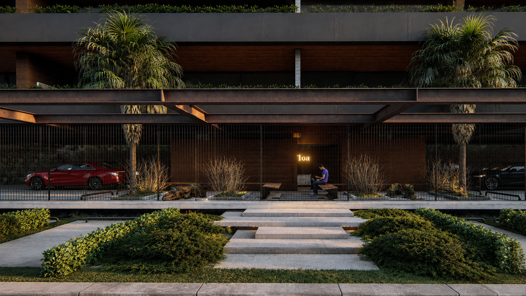 Empreendimento residencial contemporâneo de alto padrão com arquitetura autoral, rooftop com piscina, áreas de lazer sofisticadas, interiores minimalistas e integração entre madeira, pedra natural e paisagismo tropical.